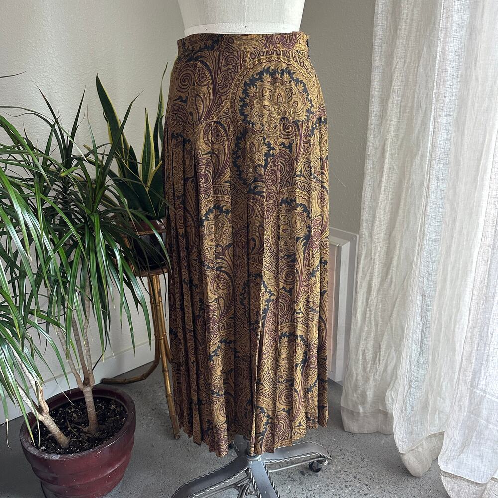 Jones New York Women's 6 Skirt Brown Gold Paisley Silk Midi Pleated Vintage 90s